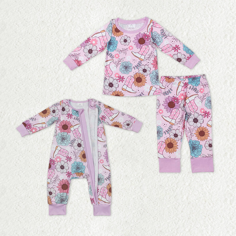 Sibling Baby Girls Long Sleeves Flower Boots Western Zipper Romper Pajamas Set Clothes RTS
