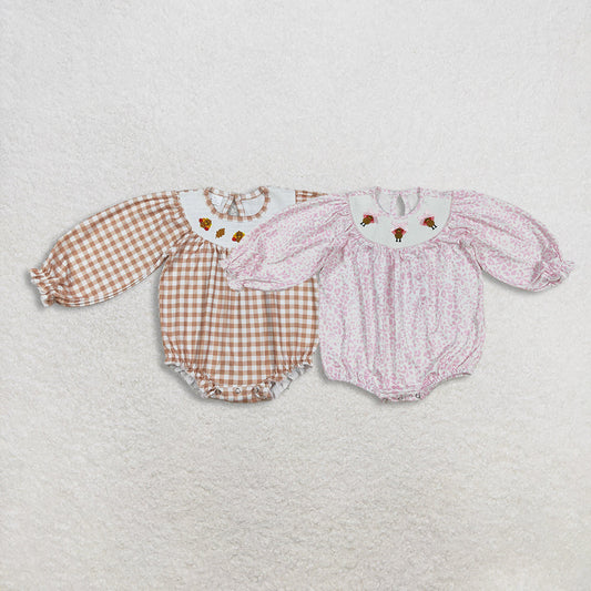 Sibling Baby Girls Long Sleeves Plaid Smocked Embroidery turkey Thanksgiving Romper RTS