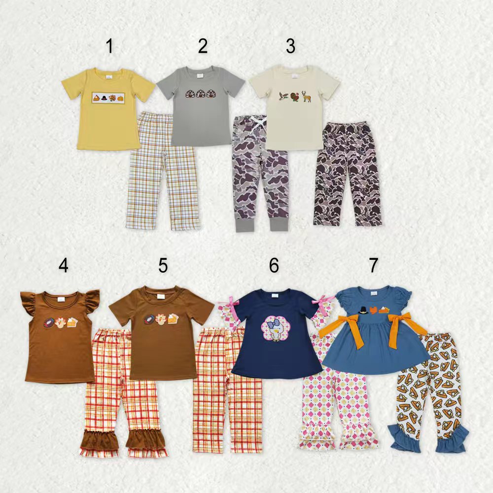 Sibling Baby Boys Girls Short Sleeves Embroidery turkey Shirts Pants Thanksgiving Clothes Sets RTS