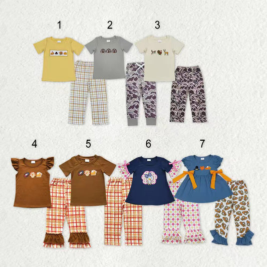 Sibling Baby Boys Girls Short Sleeves Embroidery turkey Shirts Pants Thanksgiving Clothes Sets RTS