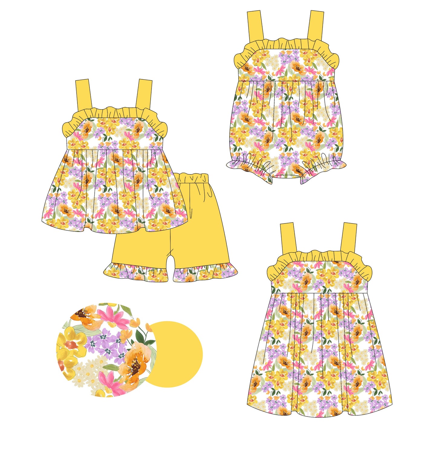 Baby Girl Flower Yellow Straps Sibling Romper Dress Set ( Moq 5 Each Style ) 3.5