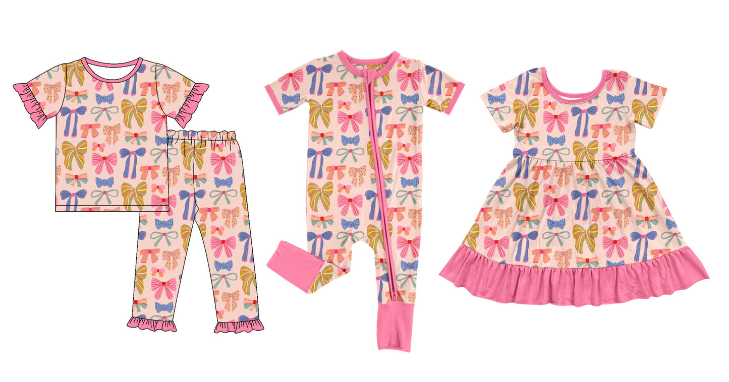 ( Moq 5 Each Style ) Baby Girl Toddler Short Sleeves Bows Sibling Romper Dress Set