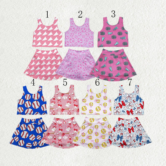 Baby Girl Sleeveless Bows Baseball Cheer Yoga Active Wear Sibling Skort Set Clothes RTS