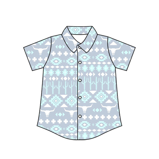( Moq 5 ) Baby Boy Short Sleeves Bull Skull Aztec Button Shirts Tops