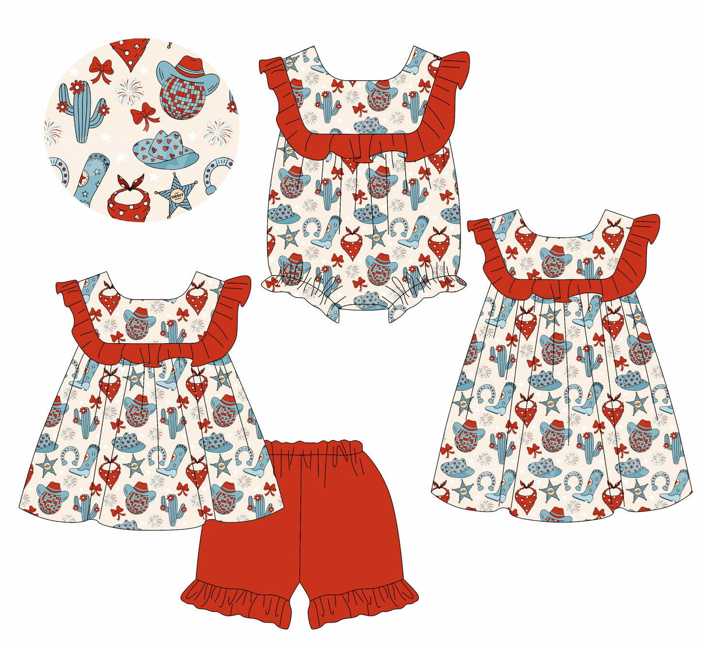 Baby Girl Bows Cactus Hats Western Sibling Romper Dress Set ( Moq 5 Each Style ) 1.16