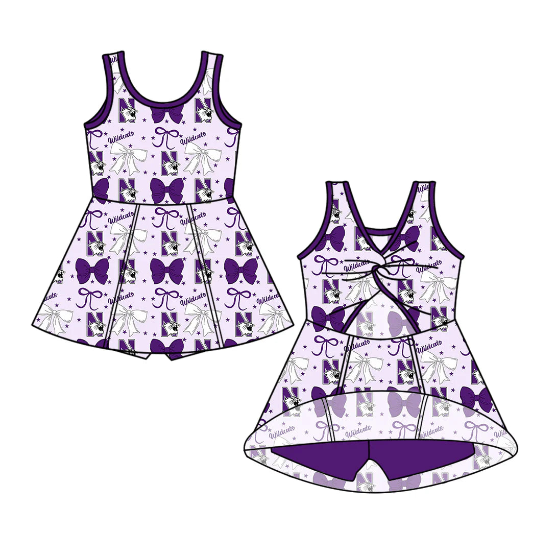 ( Moq 5 each style ) Baby Girl Toddler Cats Team Purple Bows Sibling Dress Set 6.27