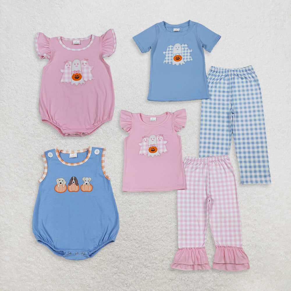 Sibling Boys Girls Short Sleeves Embroidery Ghosts Pumpkin Halloween Romper Set RTS