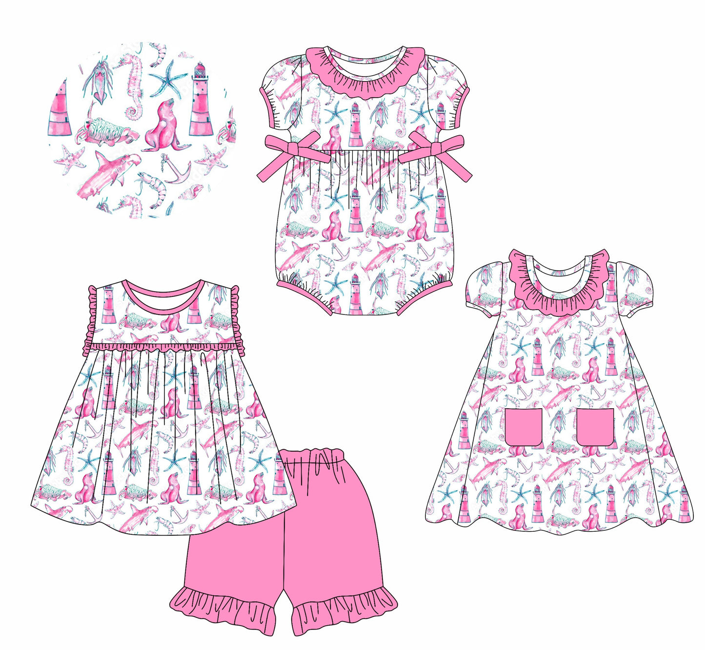 Baby Girl Ocean Animals Ruffle Sibling Romper Dress Set ( Moq 5 Each Style ) 2.114