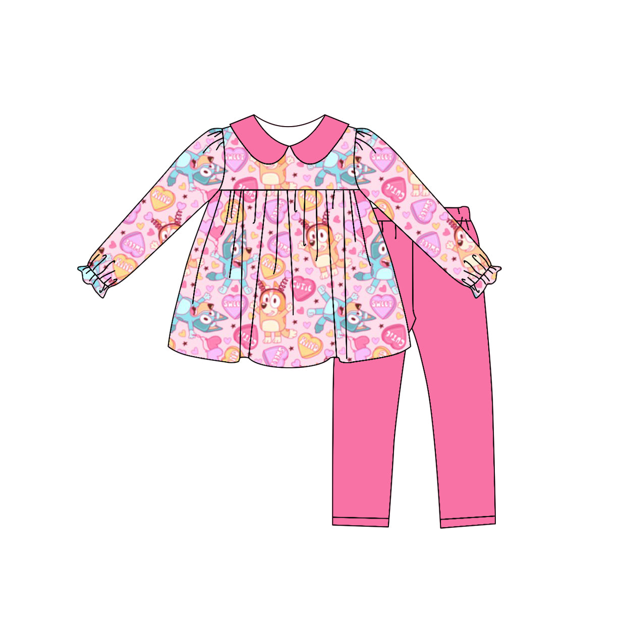 Baby Girl Toddler Long Sleeves Valentine Dogs Hearts Tops Pink Pants Set