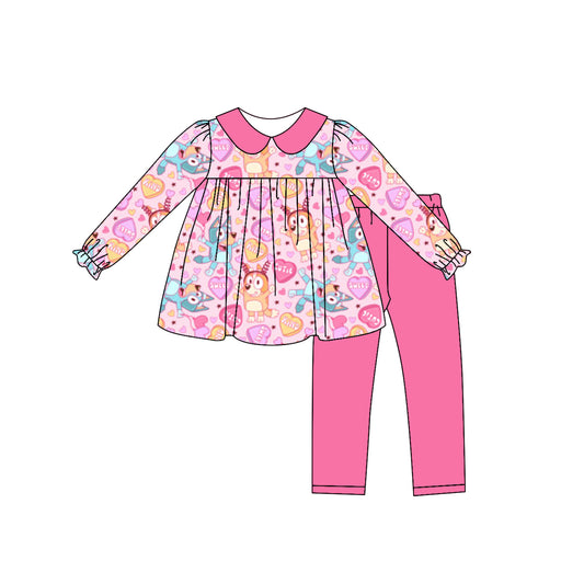 Baby Girl Toddler Long Sleeves Valentine Dogs Hearts Tops Pink Pants Set