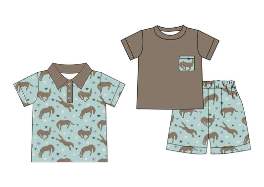 ( Moq 5 Each Style ) Baby Boy Short Sleeves Horse Stars Sibling Green Shirt Set 3.31