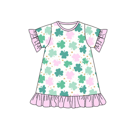 Baby Girl Short Sleeves St. Patrick Clover Knee Length Dress Moq 5