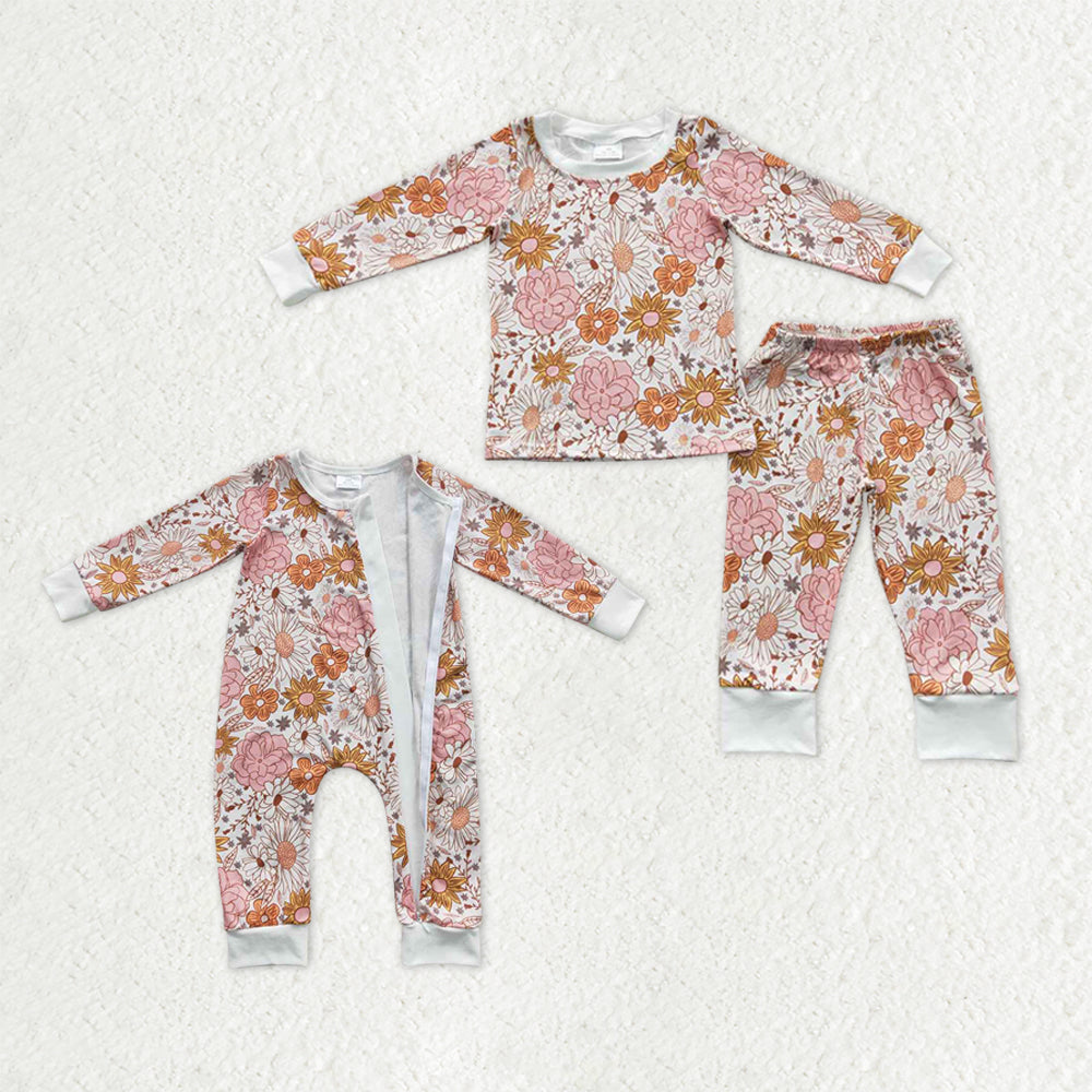 Sibling Baby Girls Kids Long Sleeves Flower Zipper Romper Pajamas Set Clothes RTS