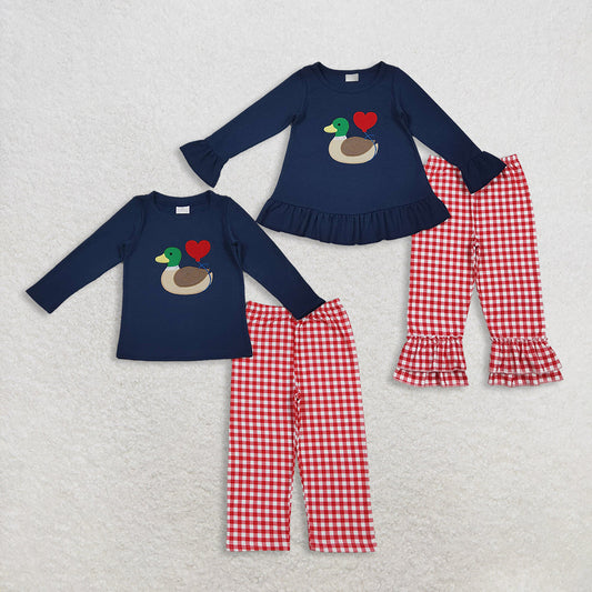 Sibling Boys Girls Kids Embroidery Duck Heart Tops Plaid Pants Valentine's Day Clothes Sets RTS