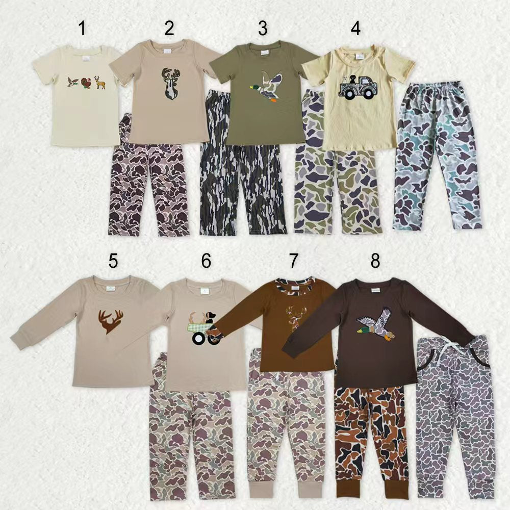 Sibling Baby Boys Embroidery Deer Dogs Ducks Shirt Pants Hunting Clothes Camo Sets RTS