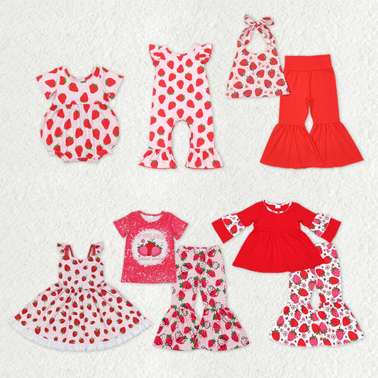 Sibling Baby Girls Kids Strawberry Flower Rompers Dress Sets Clothes RTS