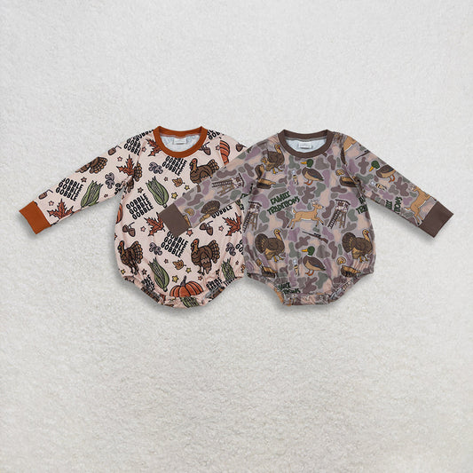 Sibling Baby Boys Long Sleeves turkey Pumpkins Camo Hunting Fall Thanksgiving Rompers RTS
