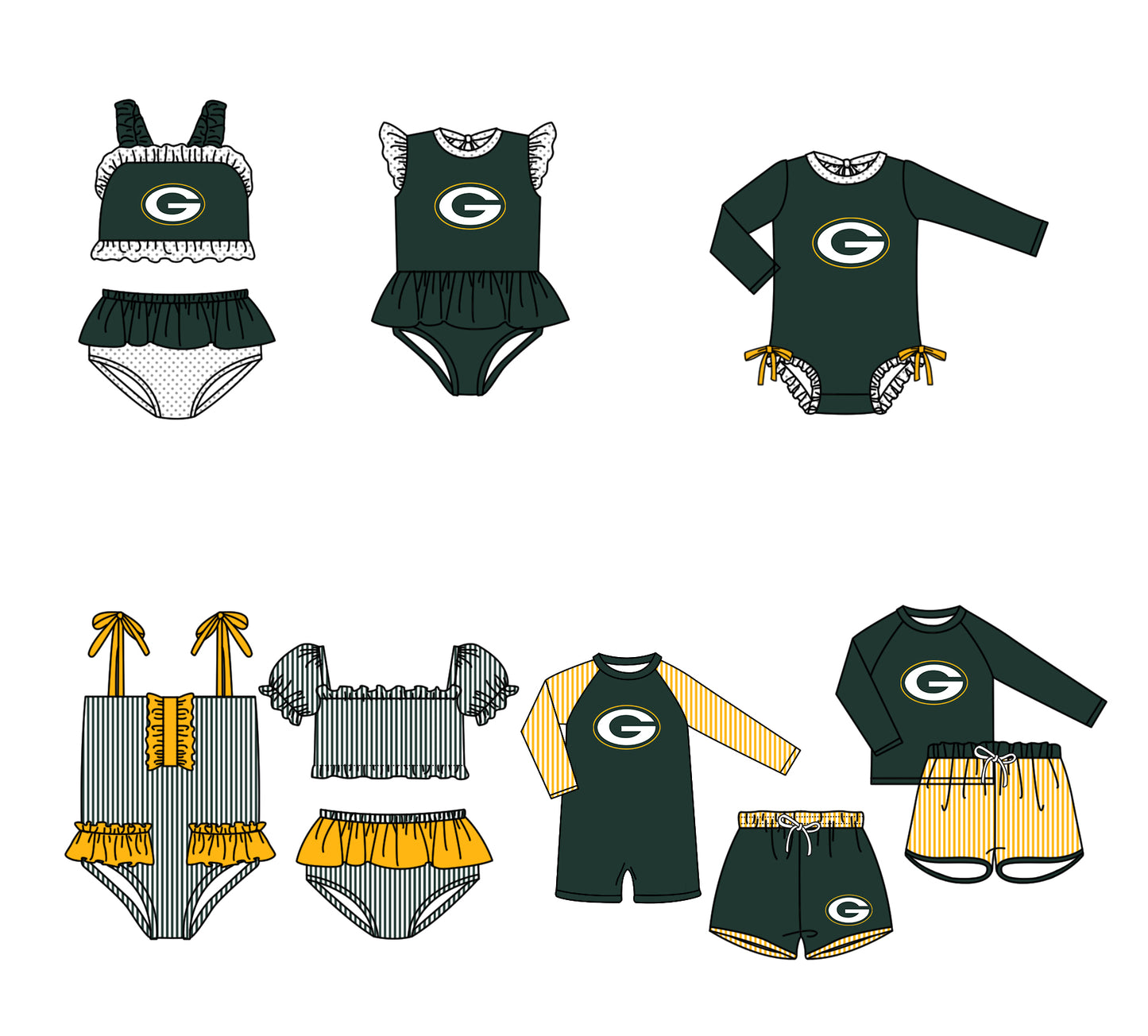 ( Moq 5 Each Style ) Baby Boys Girls Kids Team Sibling Green Jumpsuits Sets Swimsuits Clothes