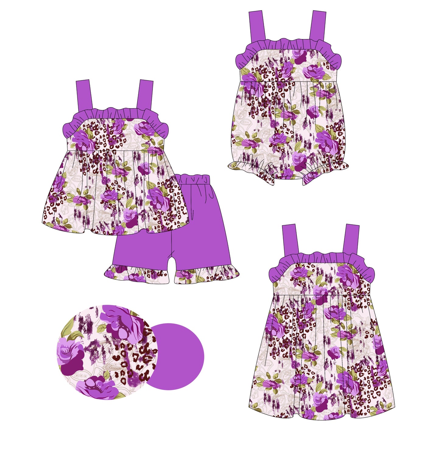 Baby Girl Straps Flower Purple Ruffle Sibling Romper Dress Set ( Moq 5 Each Style ) 3.3