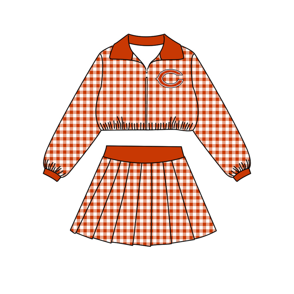 ( Moq 5 ) Baby Girls Kids Long Sleeves Plaid Zipper Tops Skirt Shorts Team Set Clothes
