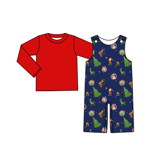 Baby Boy Toddler Long Sleeves Red Shirt Cartoon Christmas Jumpsuit Set