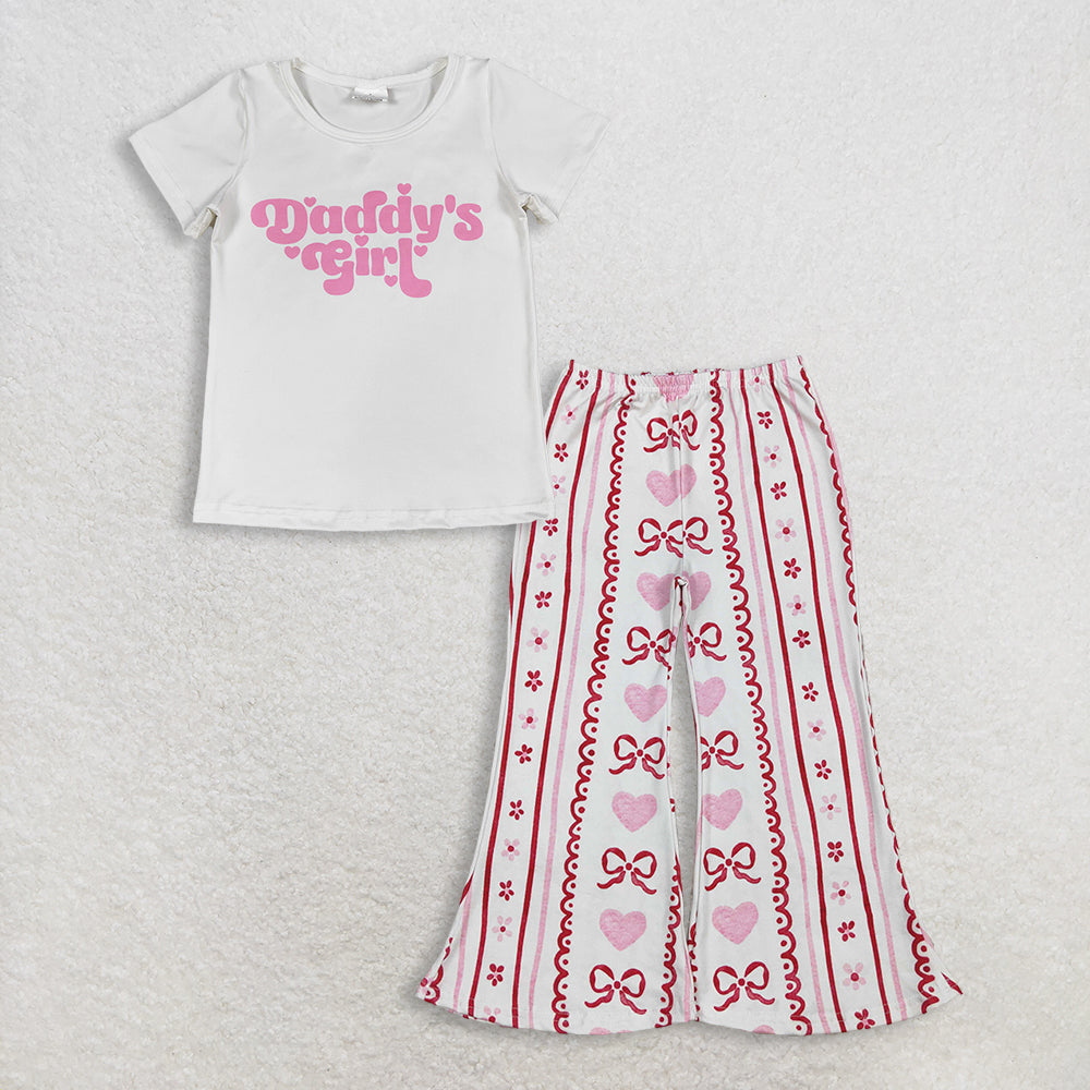 Baby Girl Kids Short Sleeves Daddy's Shirt Hearts Bows Pants Set Clothes RTS