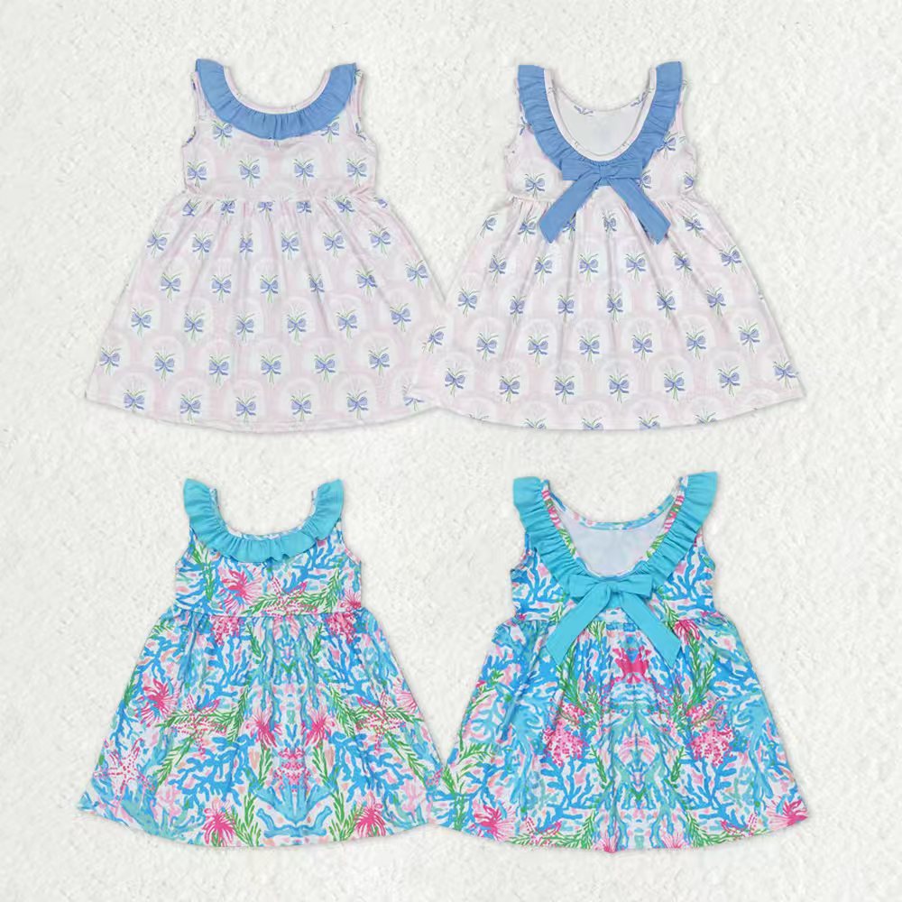 Sibling Baby Girls Kids Sleeveless Flowers Bows Ruffle Knee Length Dresses RTS