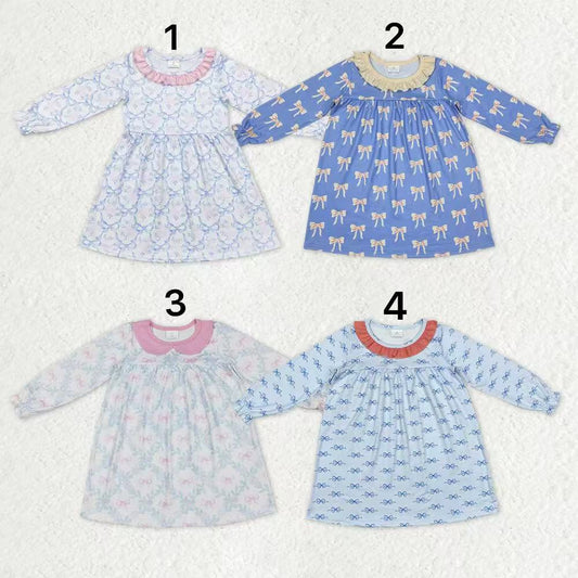 Sibling Baby Girls Kids Long Sleeves Bows Flowers Knee Length Dresses RTS