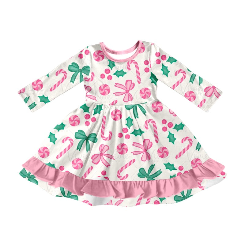 Baby Girl Long Sleeves Bows Candy Christmas Pink Ruffle Dress