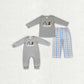 Sibling Baby Boys Embroidery Dogs Fishing Hunting Grey  Romper Set Clothes RTS