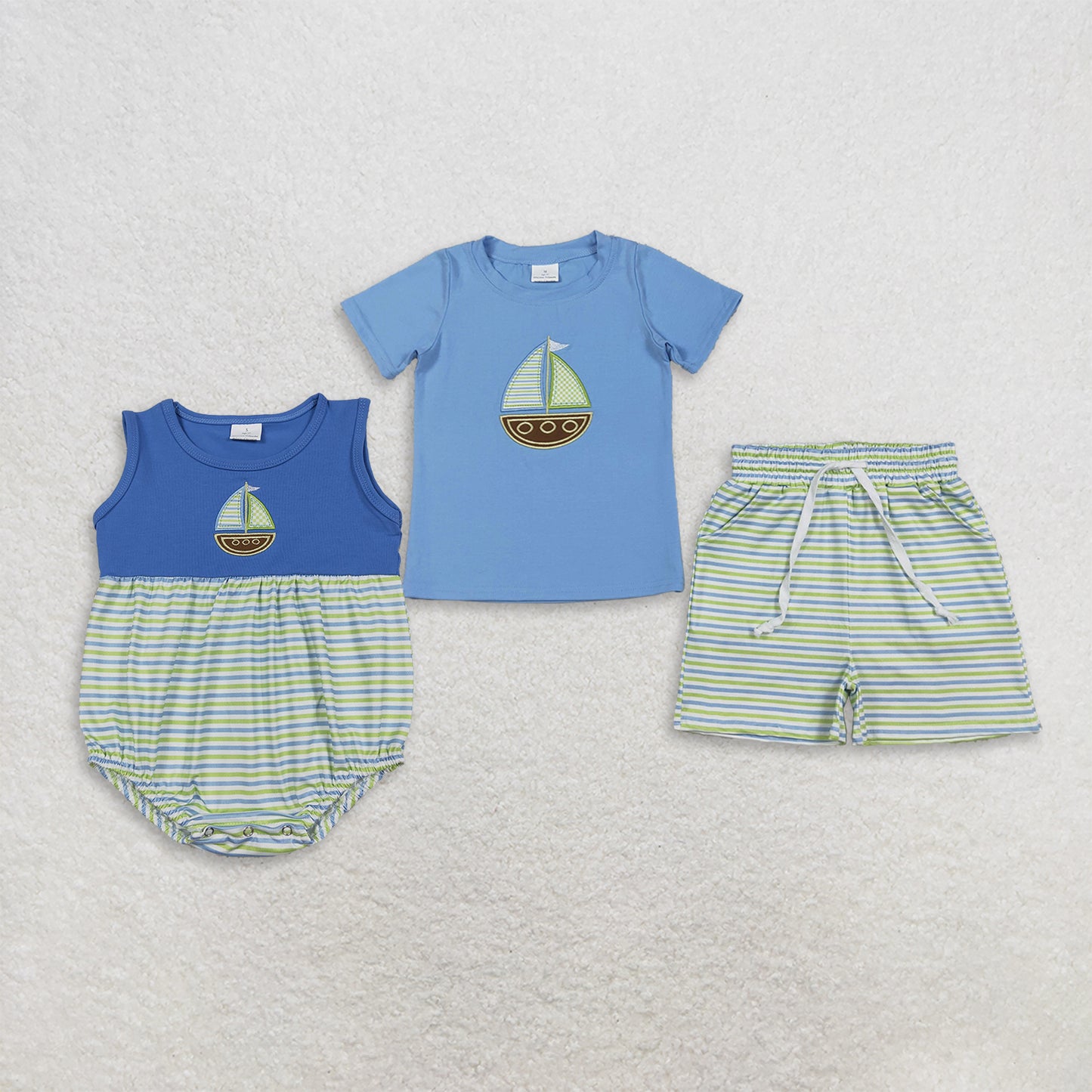Sibling Baby Boys Kids Embroidery Boats Shirt Shorts Set Stripes Romper Summer Clothes RTS