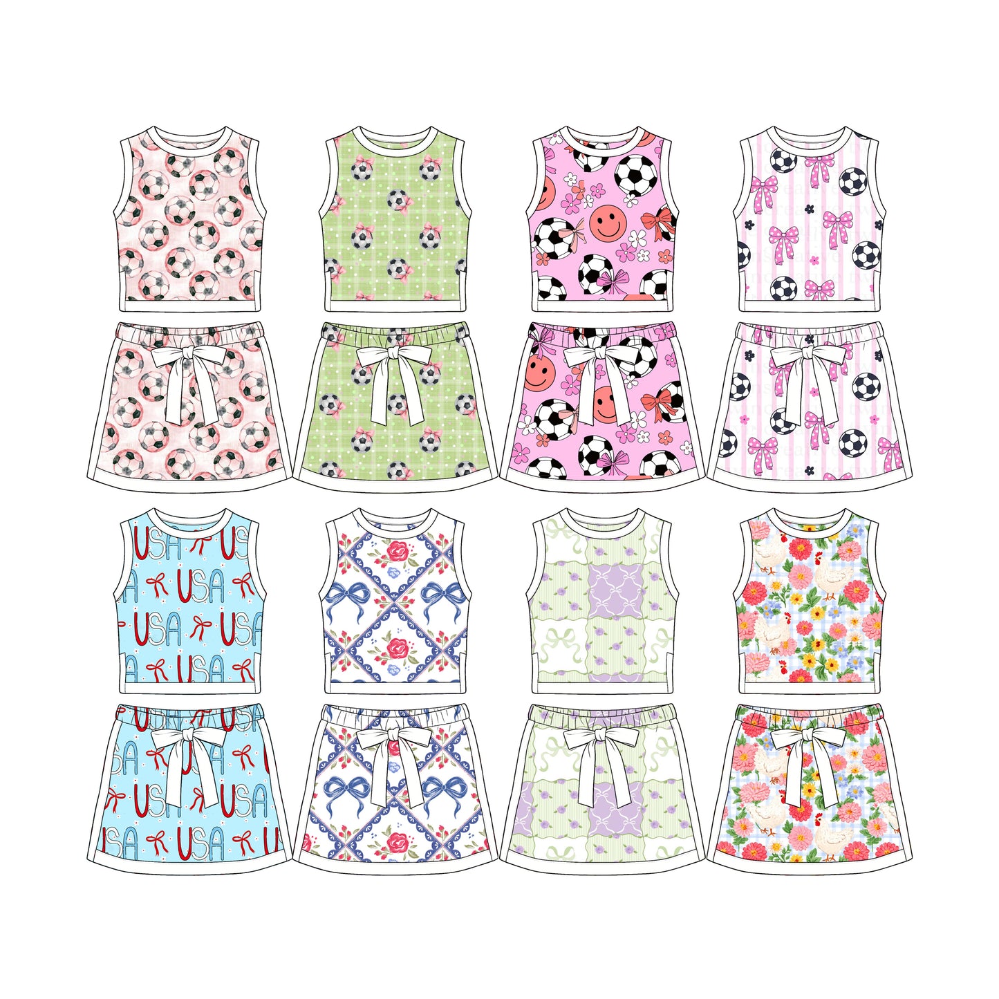 ( Moq 5 Each Style ) Sibling Baby Girls Kids Sleeveless Soccer Tops Bows Skirt Shorts Sets Clothes