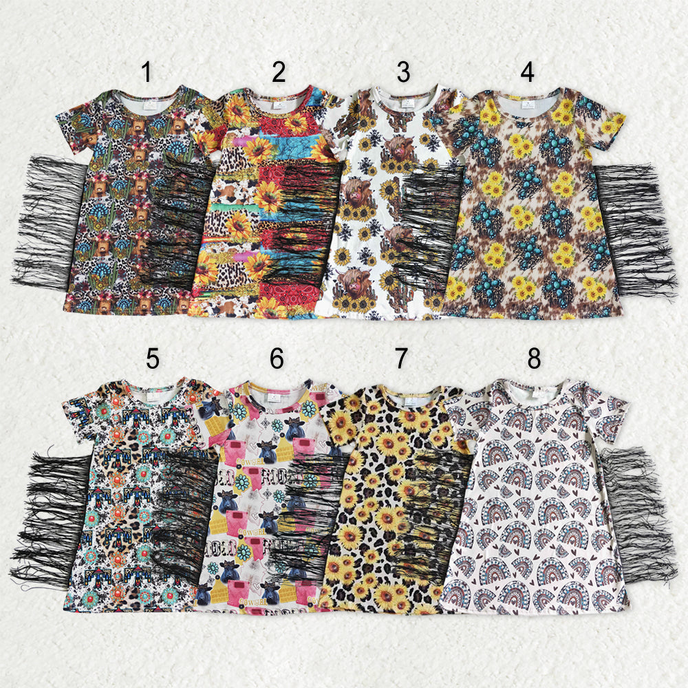 Sibling Baby Girls Short Sleeves Flower Cows Tassel Western Dresses RTS