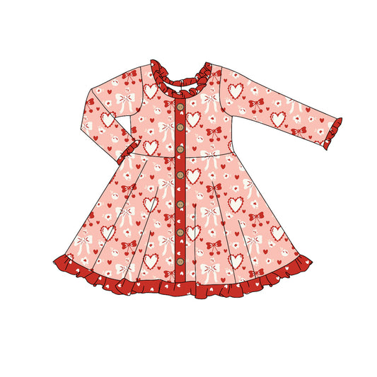 Baby Girl Long Sleeves Valentine Bow Hearts Floral Buttons Dress