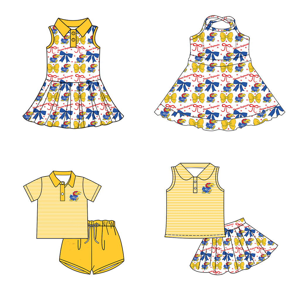 ( Moq 5 each style ) Baby Boy Girl Toddler Team Yellow Blue Bows Sibling Shirt Dress Set