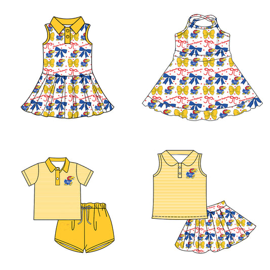( Moq 5 each style ) Baby Boy Girl Toddler Team Yellow Blue Bows Sibling Shirt Dress Set