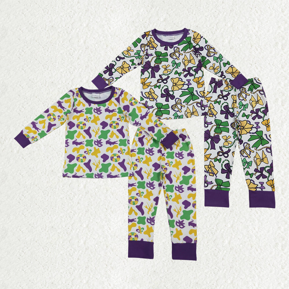 Sibling Baby Boys Girls Long Sleeves Camo Bows Shirt Pants Mardi Gras Pajamas Sets RTS