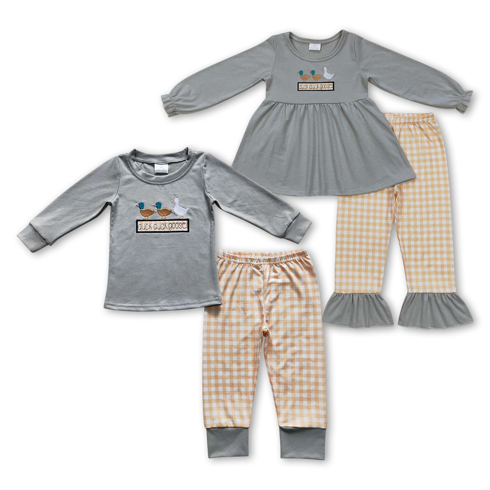 Sibling Baby Boys Girls Long Sleeves Embroidery Ducks Plaid Pants Clothes Sets RTS