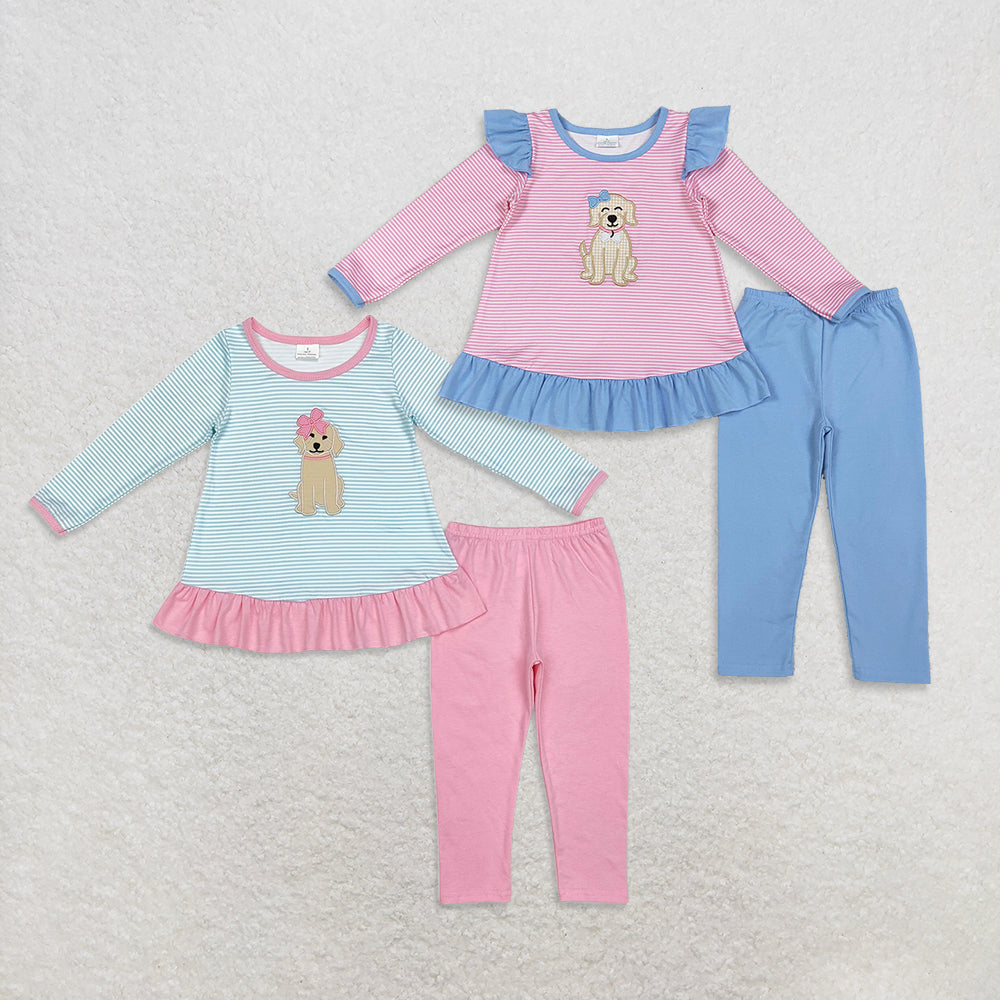 Sibling Girls Kids Long Sleeves Stripes Embroidery Dog Bow Ruffle Tops Pants Set