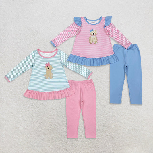 Sibling Girls Kids Long Sleeves Stripes Embroidery Dog Bow Ruffle Tops Pants Set