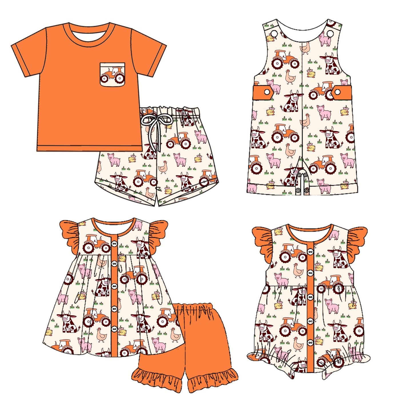 Baby Boy Girl Farm Animals Tractors Sibling Romper Set ( Moq 5 Each Style ) 3.4