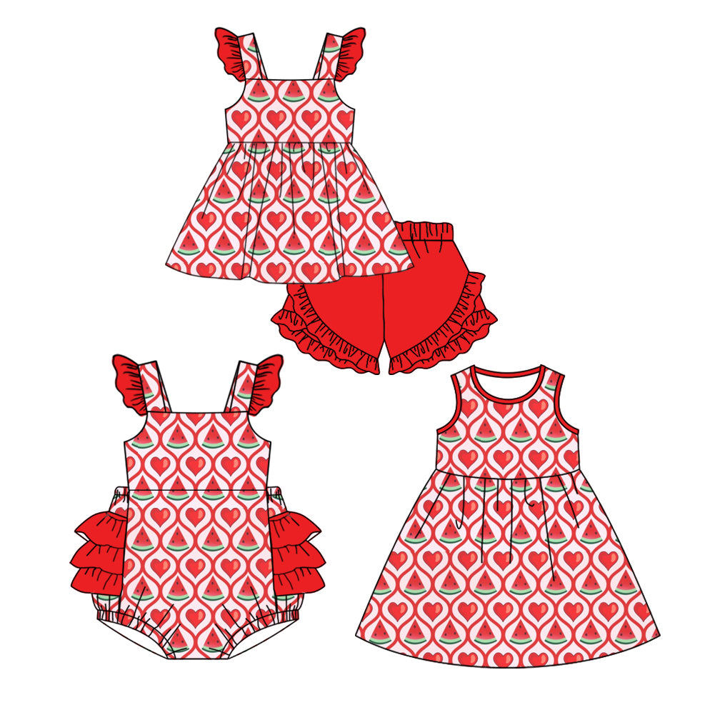 Baby Girl Watermelon Hearts Sibling Romper Dress Clothes Set ( Moq 5 Each Design )