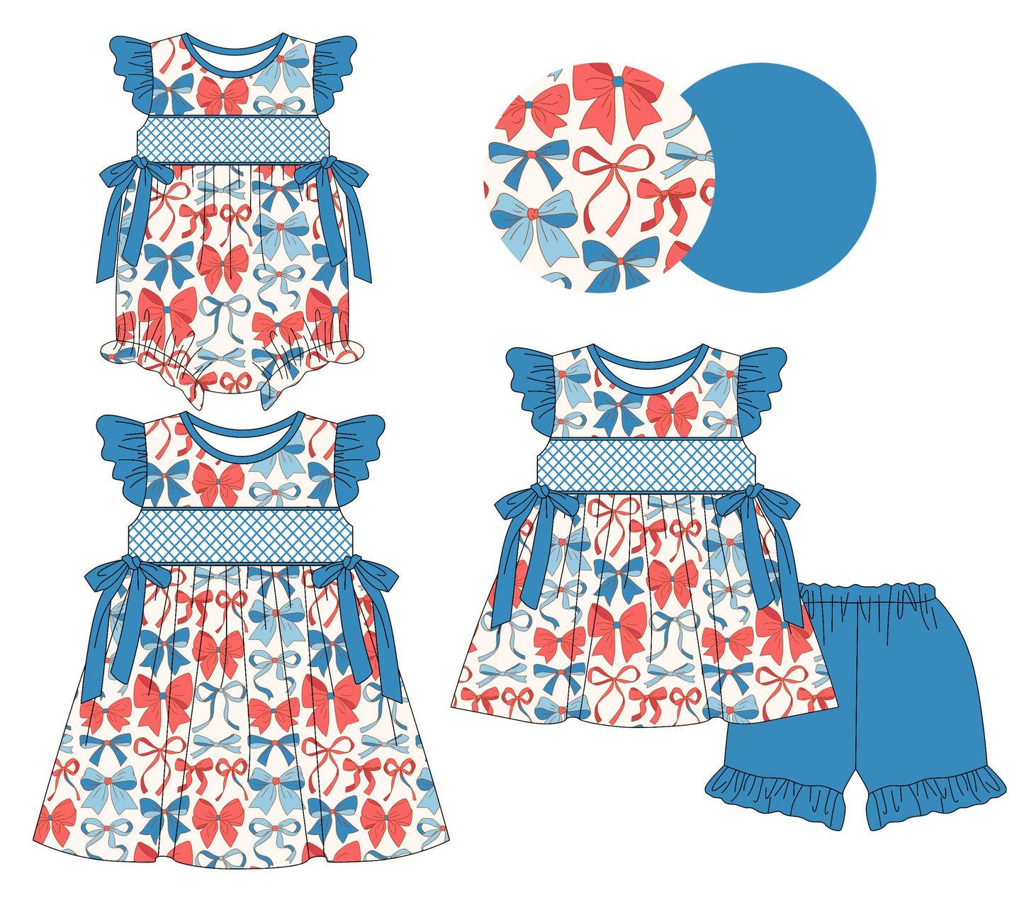 Baby Girl Short Sleeves Blue Red Bows Sibling Romper Dress Set ( Moq 5 Each Style ) 3.19