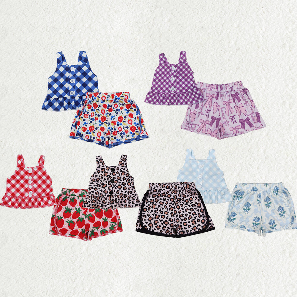 Baby Girl Toddler Sleeveless Buttons Tops Flower Strawberry Bows Shorts Clothes Sibling Summer Set RTS