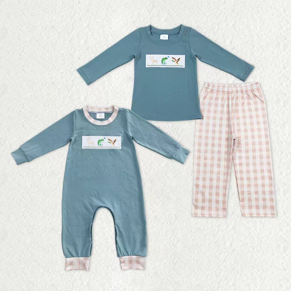 Sibling Baby Boys Long Sleeves Embroidery Fish Ducks Deer Plaid Romper Outfit Pajamas RTS
