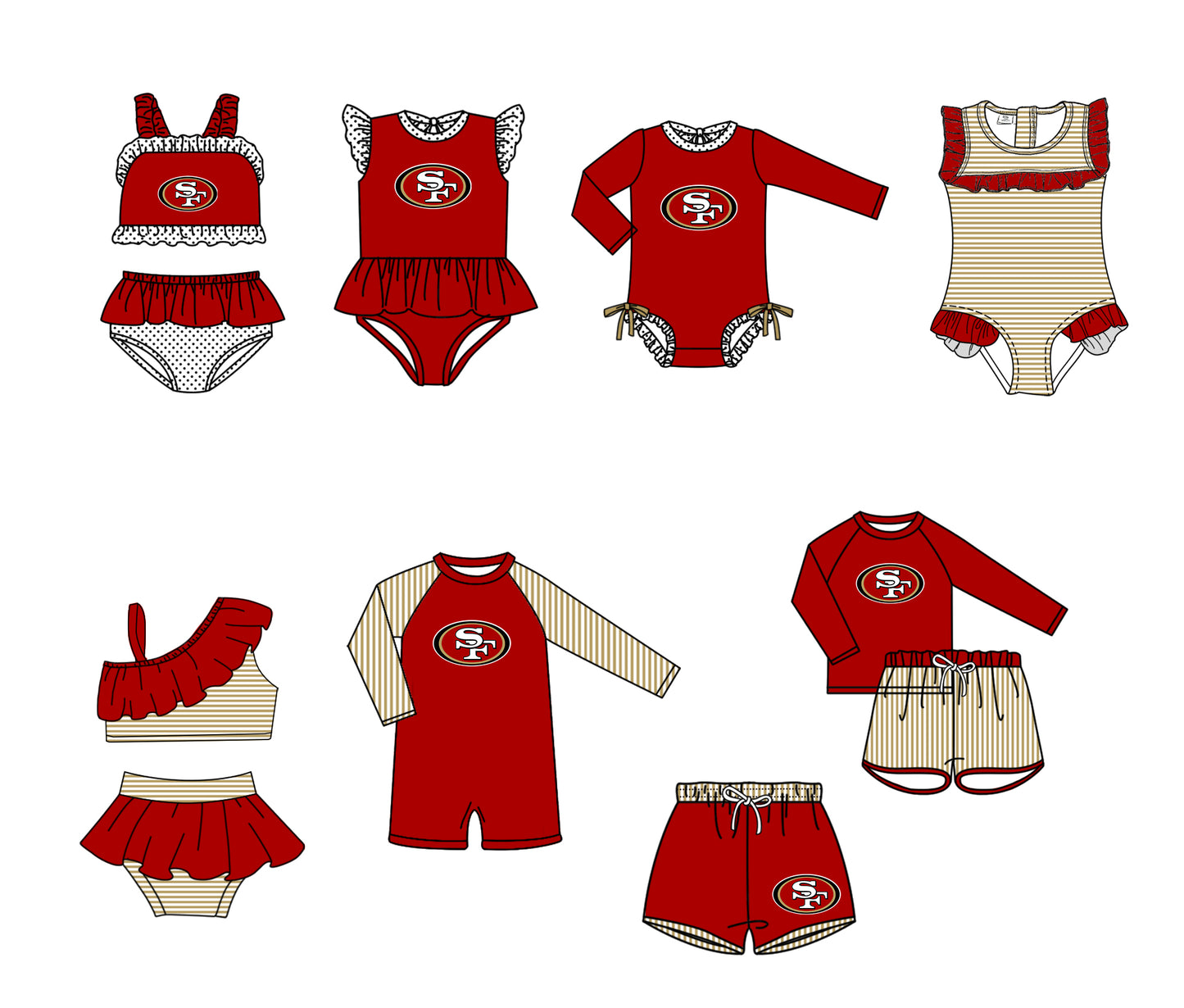 ( Moq 5 Each Style ) Baby Boys Girls Kids Team Sibling Jumpsuits Sets Swimsuits Red Clothes