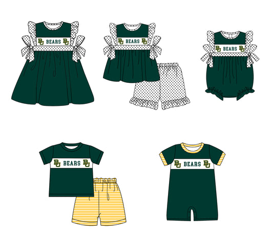 ( Moq 5 Each Style ) Baby Boys Girls Short Sleeves Team Sibling Green Romper Dress Set