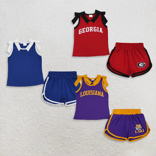 Sibling Baby Girls Kids Sleeveless Bows Cotton Shirts Shorts Sets Cheer Team Clothes RTS