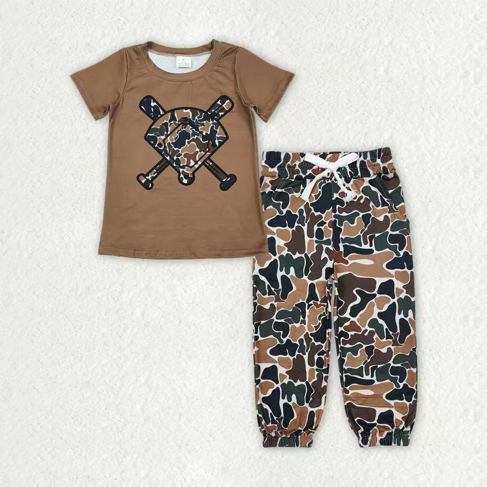 Sibling Baby Boys Kids Short Sleeves Baseball Shirts Pockets Joggers Camo Pants Sets RTS
