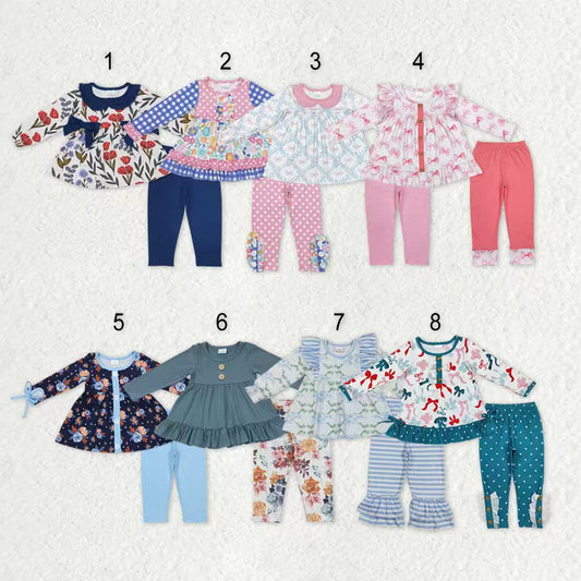 Sibling Baby Girls Toddler Long Sleeves Bows Flowers Tunic Pants Clothes Sets RTS